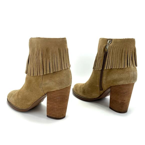 Neiman Marcus Avale Tan Ankle Boot Size 8 Suede Fringes Block High Heel Bootie - Picture 14 of 15